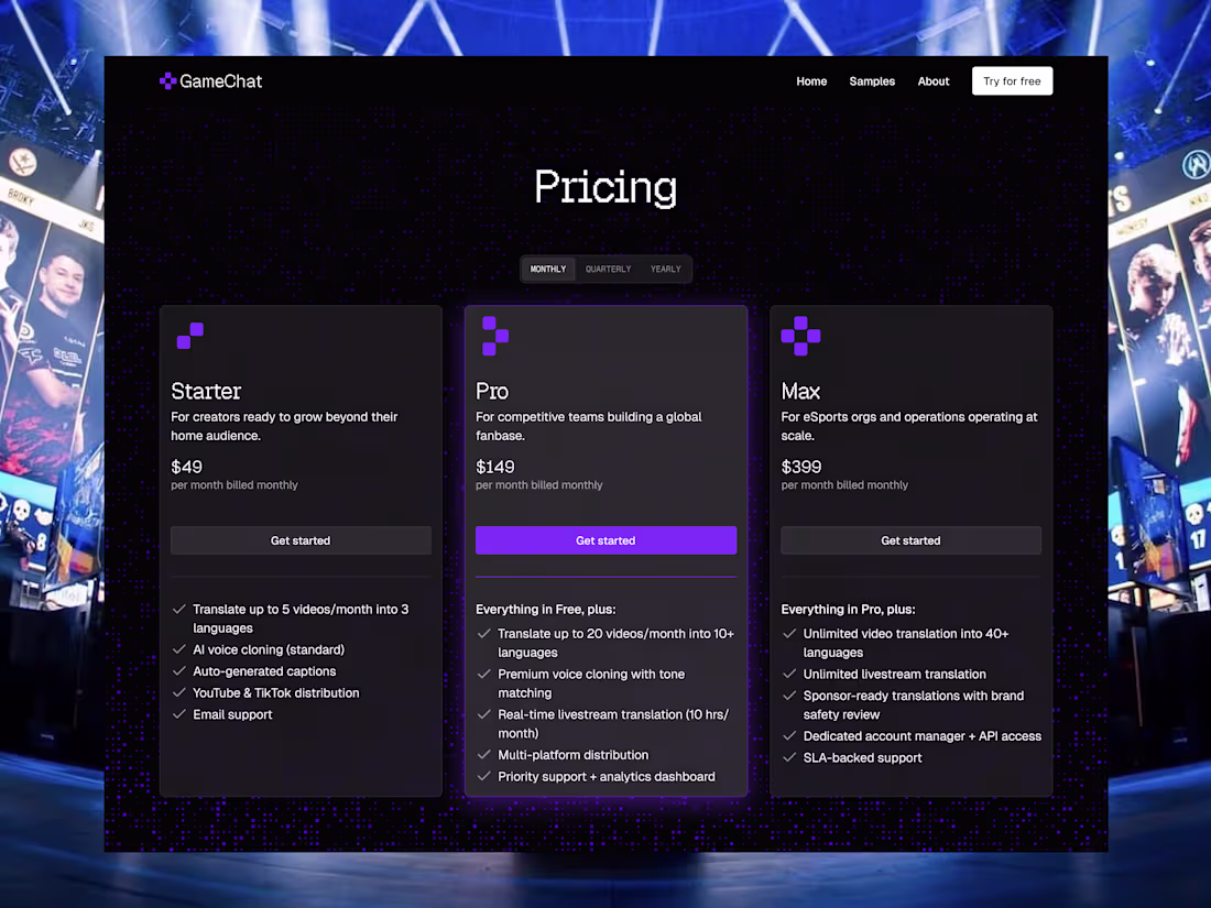 Cover image for Optimize eSports AI Translation SaaS Pricing Page Design