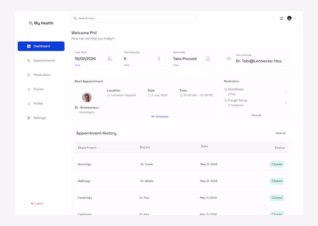 Cover image for MyHealth-Patient Dashboard Design