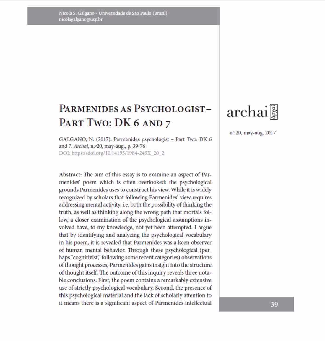 Cover image for Galgano, "Parmenides as Psychologist," Archai #20, 2017