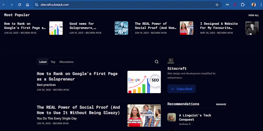 Cover image for My second personal newsletter, Sitecraft.