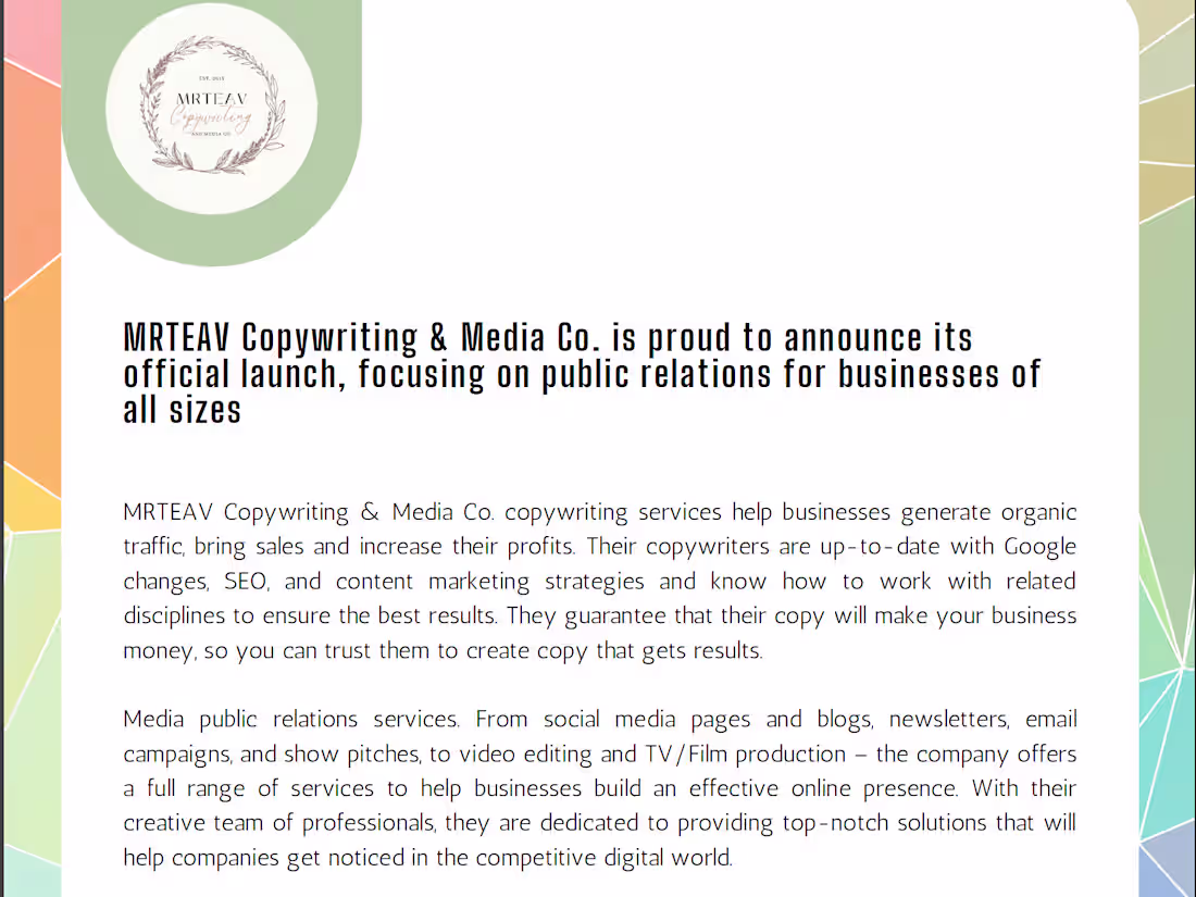 Cover image for MRTEAV Copywriting & Media Co Press Release