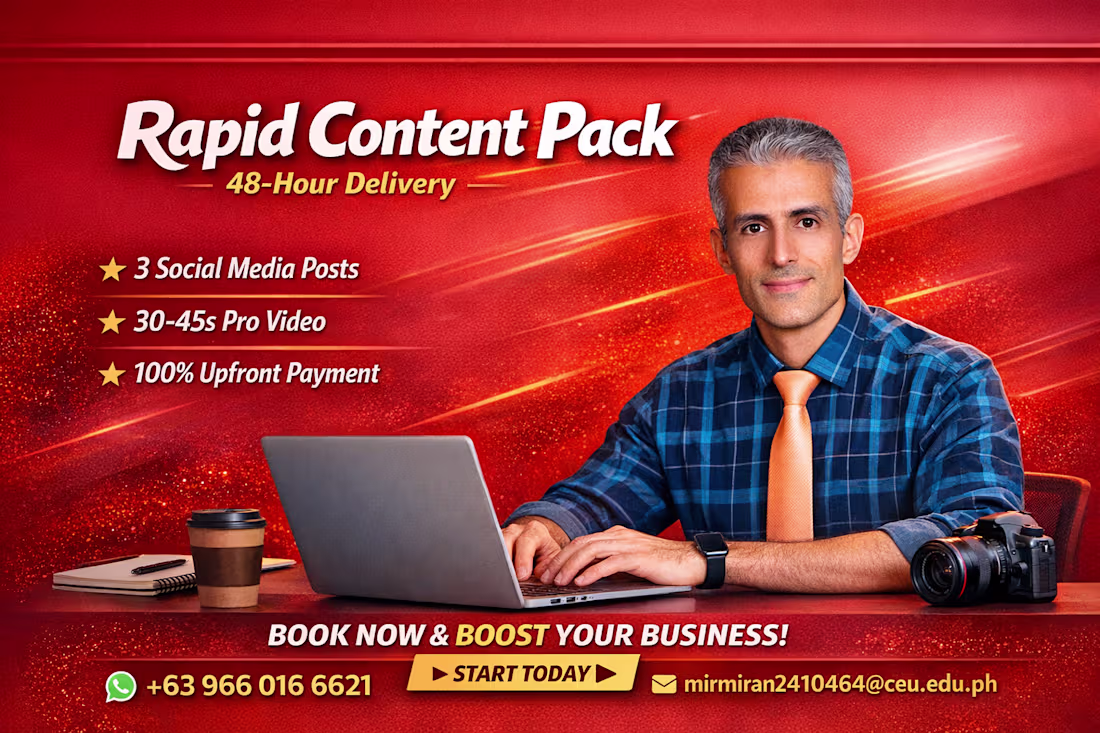 Cover image for Rapid Content Pack — 48h (3 posts + 30–45s video) — $75 Upfront