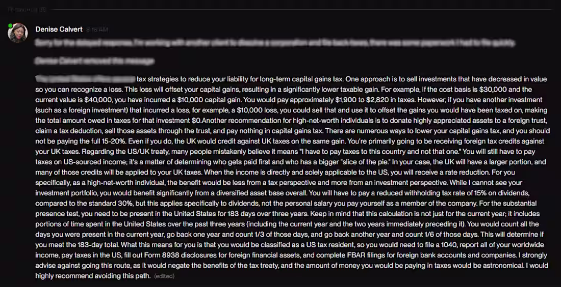 Cover image for Direct message to a client seeking tax strategies for his U.S...