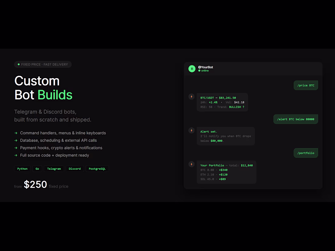 Cover image for   Custom Telegram or Discord Bot
