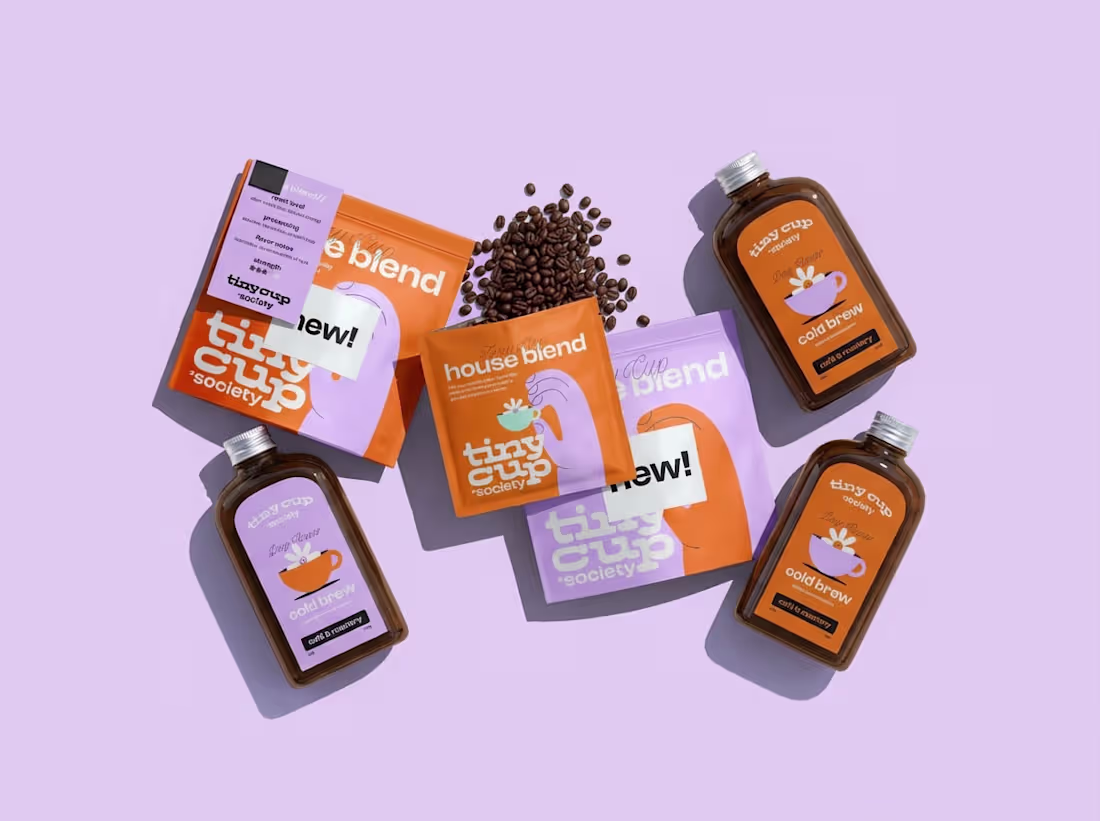 Cover image for tiny cup society is a roastery and café. Its branding is lig...