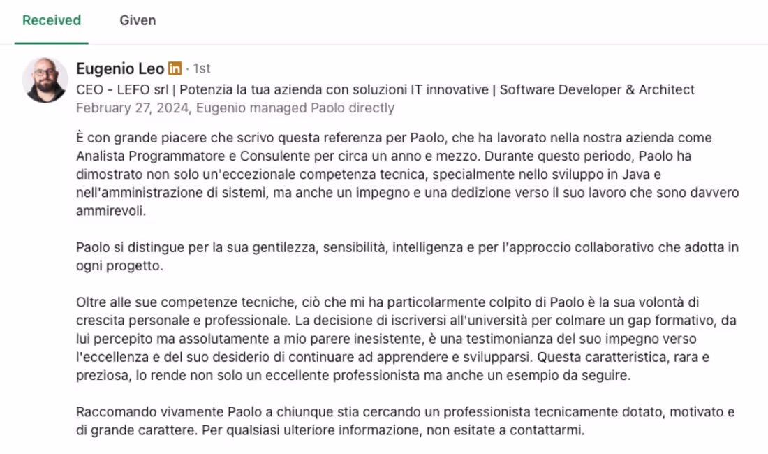 Cover image for Client Recommendation – Lefo s.r.l.