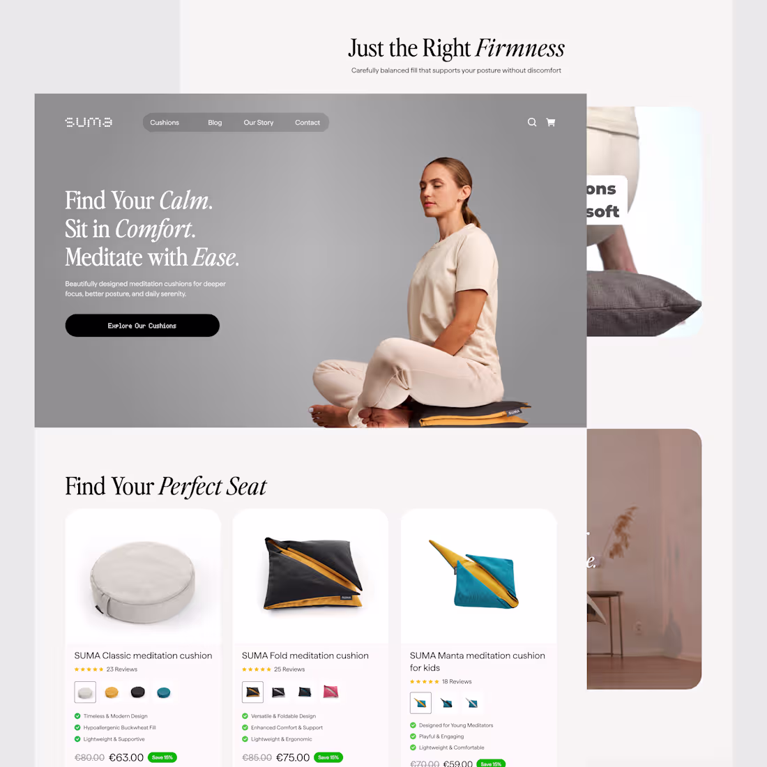 Cover image for Calm Meets Comfort: Homepage and Product Page for SUMA Cushions