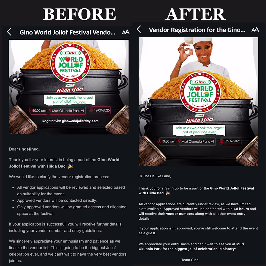 Cover image for Enhancing Vendor Communication for Gino World Jollof Festival