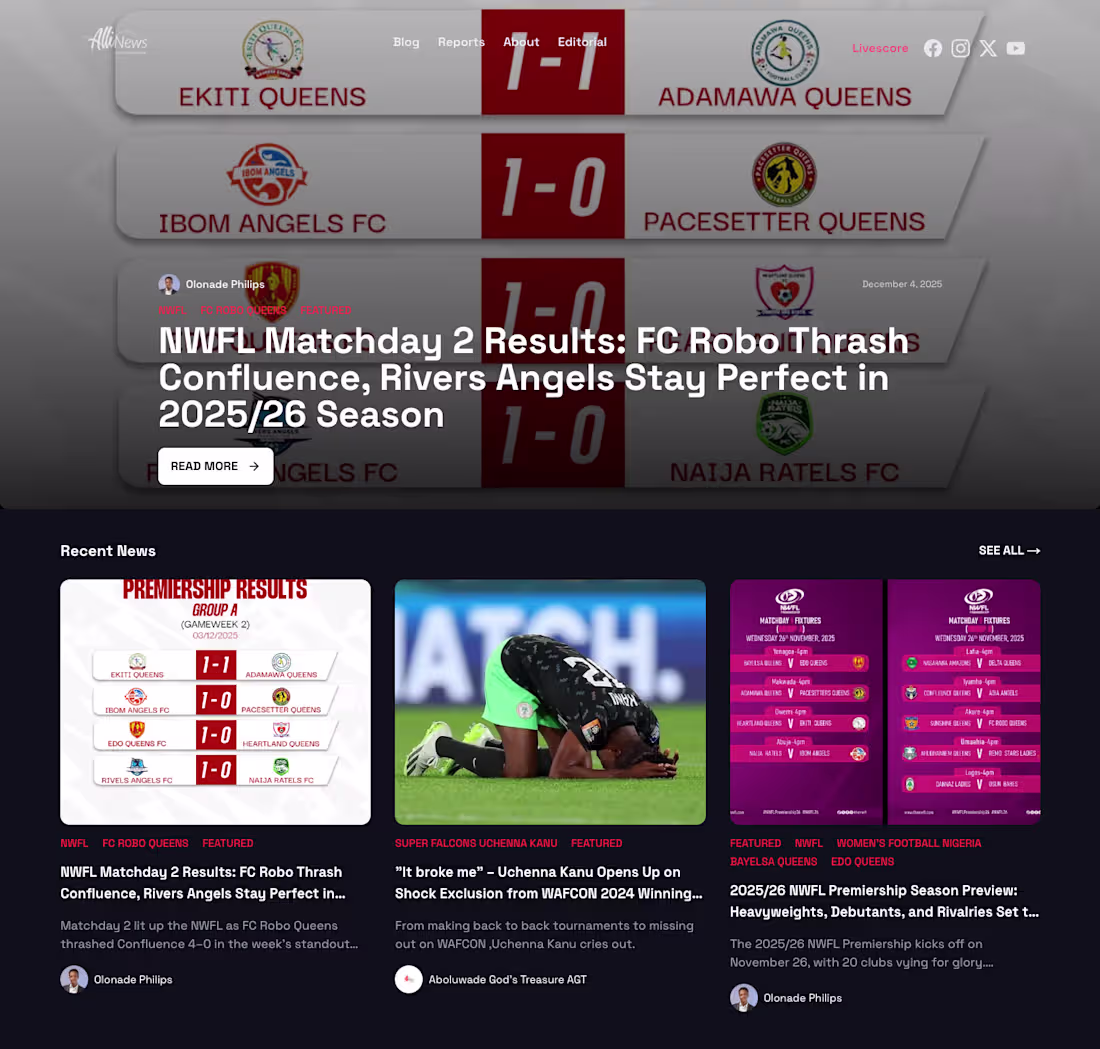 Cover image for Sport Blog site built for Alli Media Hub to help with visibi...