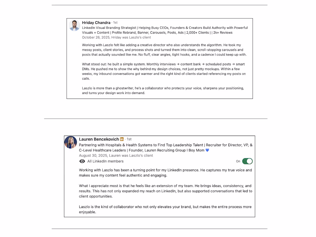 Cover image for LinkedIn Ghostwriting (human/story angle)
2 testimonials