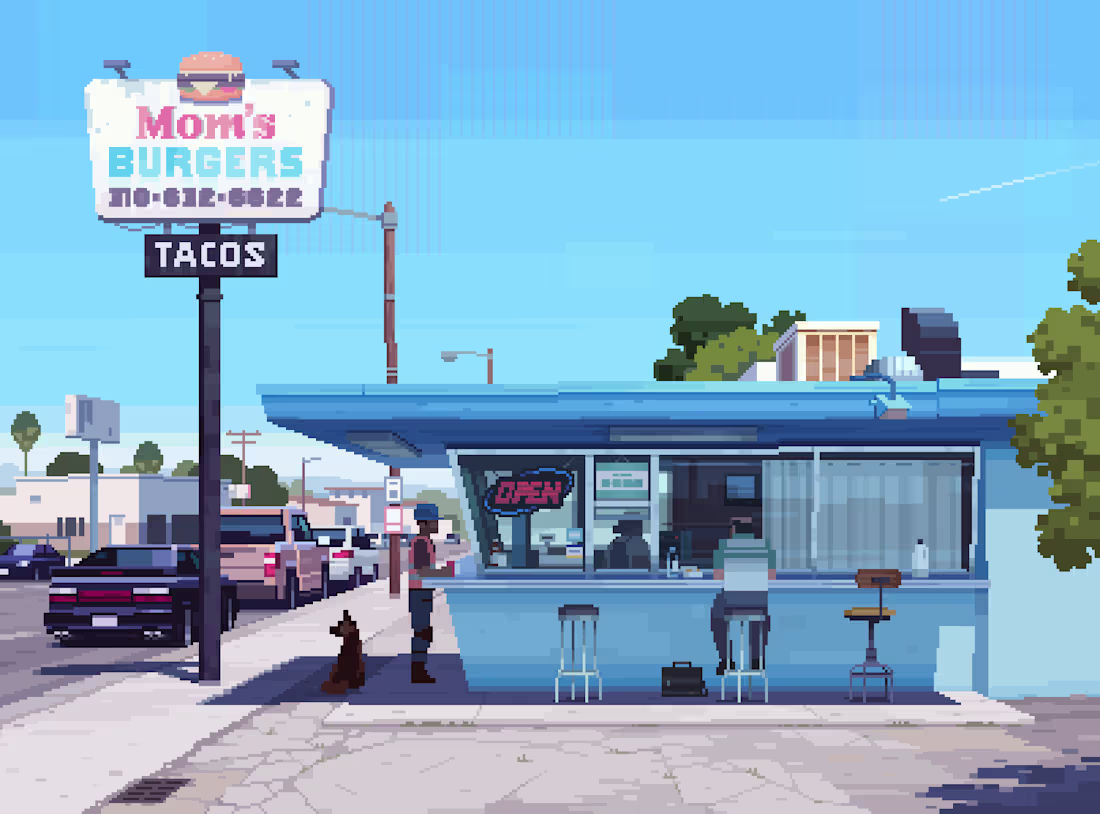 Cover image for "Mom's Burgers", little restaurant in Compton, California. P...