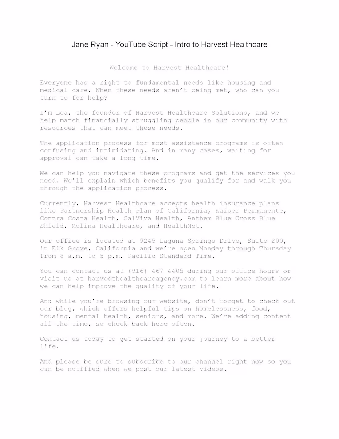 Cover image for Jane Ryan Portfolio Harvest Healthcare About Us Script