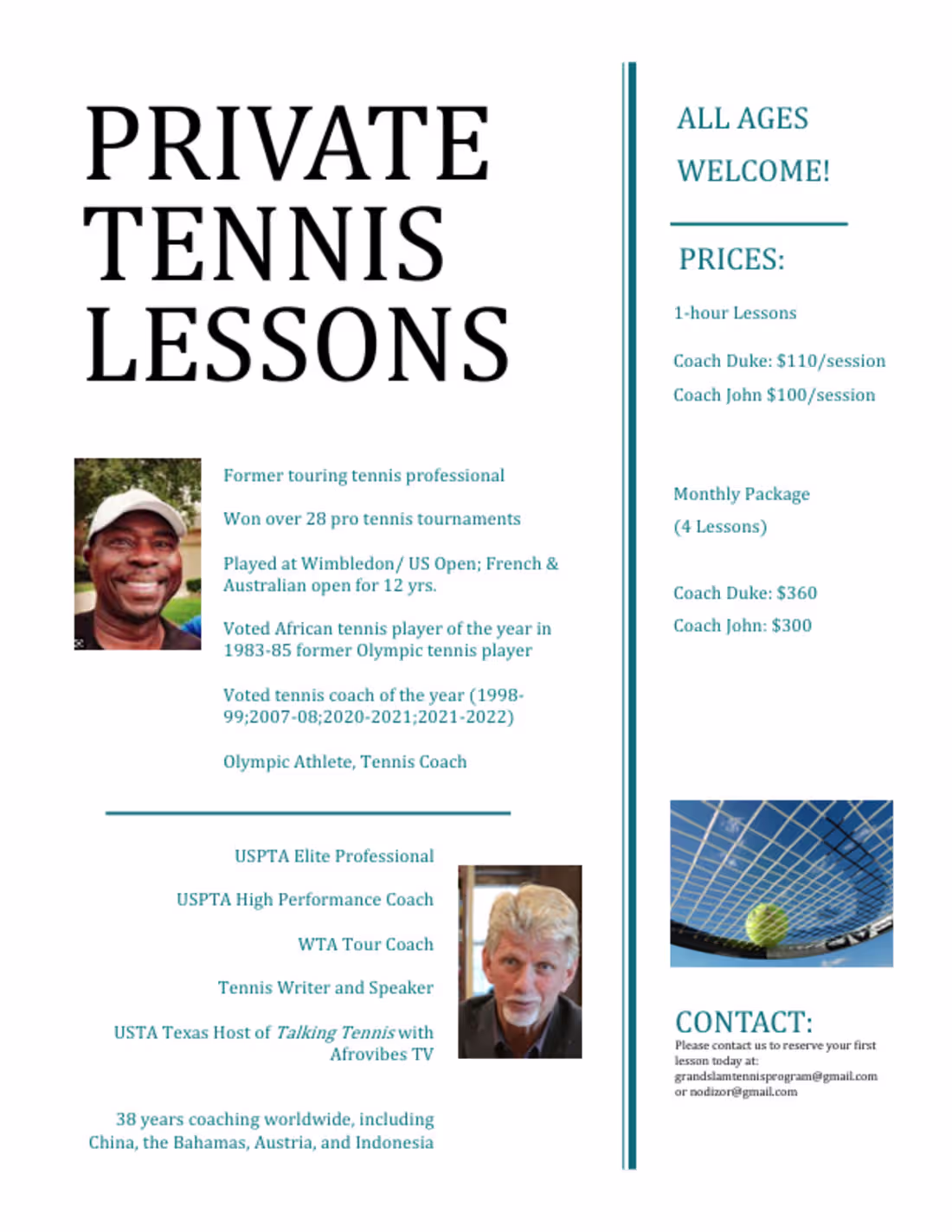 Cover image for Private Tennis Lessons Flyer – Exclusive Community Outreach