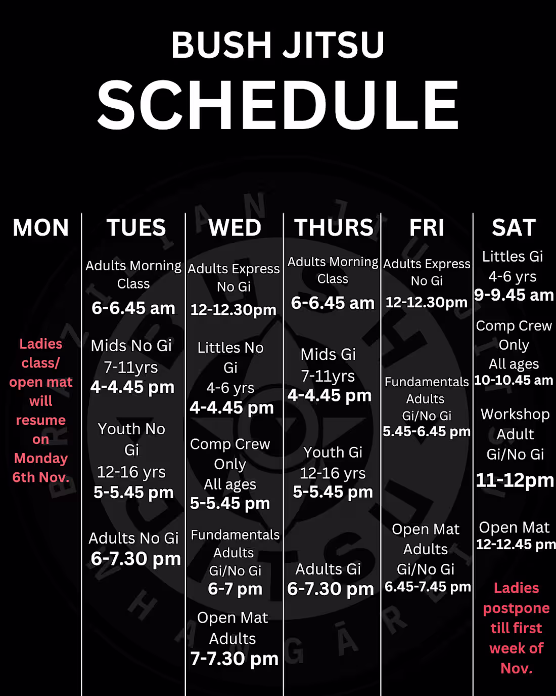 Cover image for Timetable for BJJ GYM "Bush Jitsu"