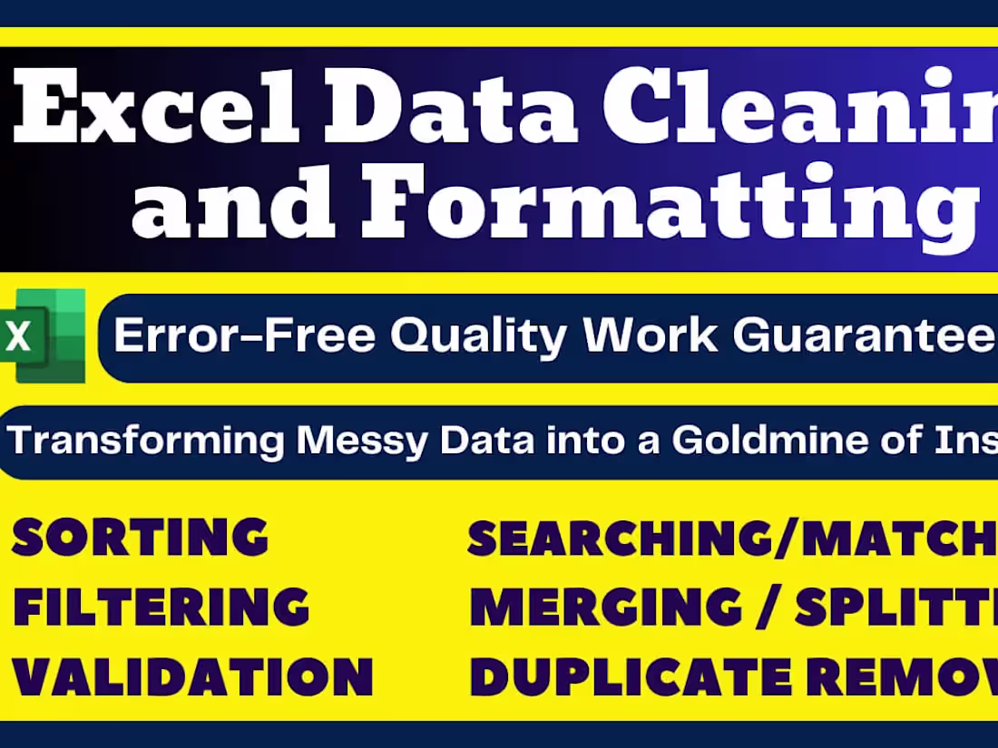 Cover image for excel data cleaning and formatting, merging, splitting, sorting
