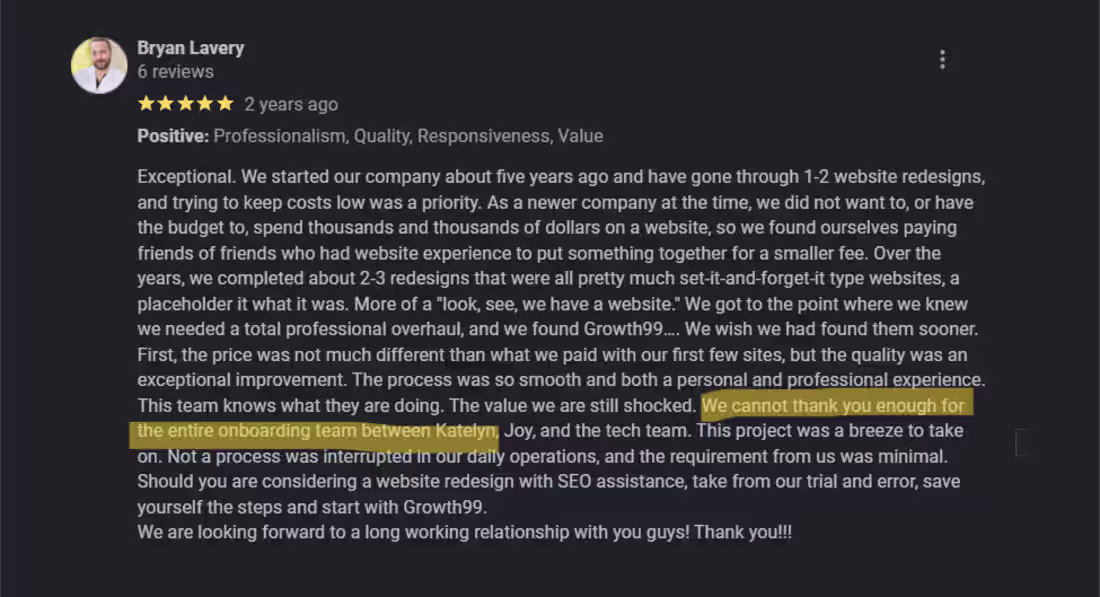 Cover image for 5 star Google review for web build and project management