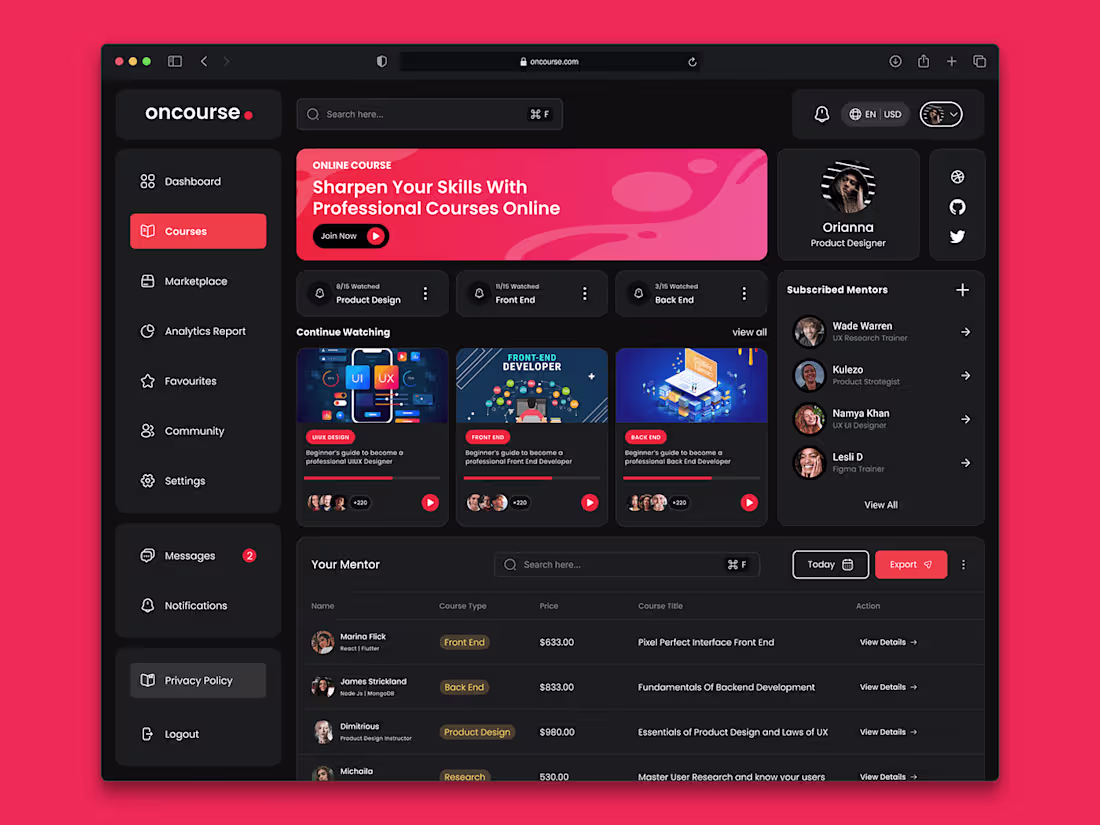 Cover image for Oncourse: Web App Design