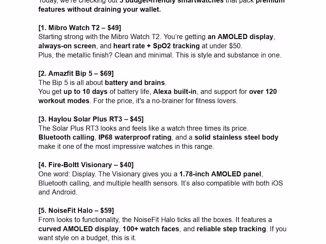 Cover image for Top 5 Budget Smartwatches Demo Script