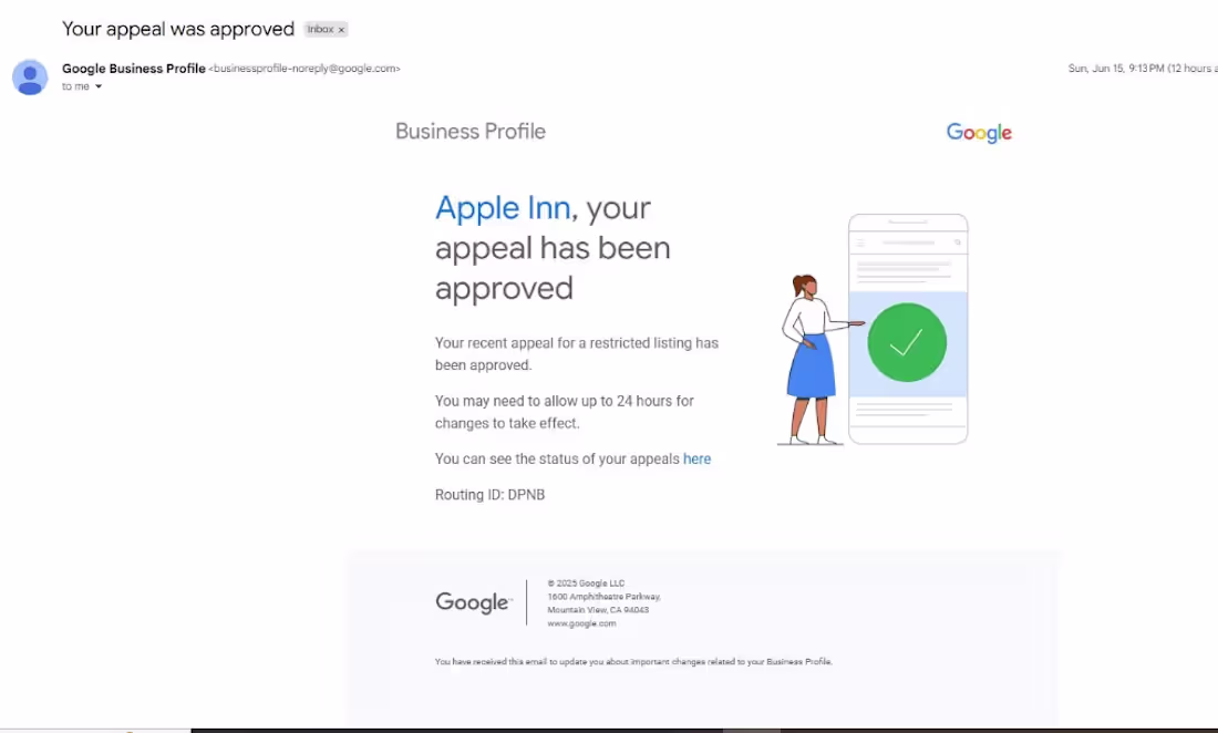 Cover image for Apple Inn's Google Business Profile Reintatement 