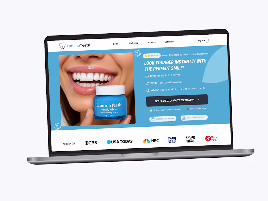 Cover image for CRO Focused Teeth Whitening Powder Shopify landing page