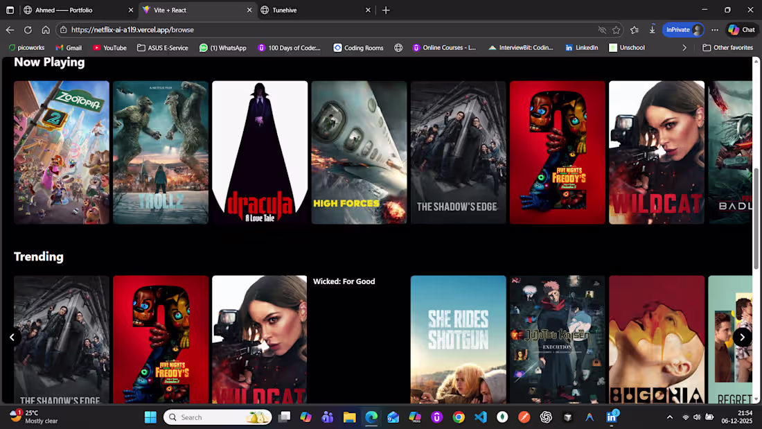Cover image for Built a netflix clone using html, css, tailwind css, react j...