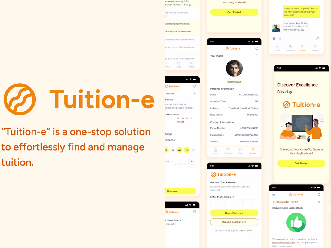 Cover image for "Tuition-e", Find and Manage Your Tuition, Mobile App UX/UI