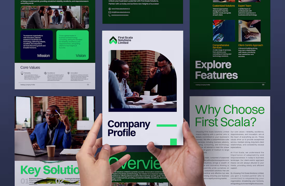Cover image for A detailed corporate profile crafted for First Scala Solutio...