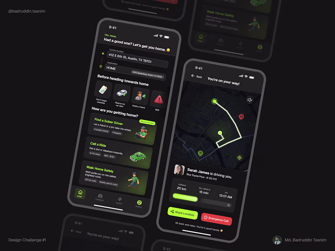 Cover image for App UI design for a late-night navigation app for tipsy user...