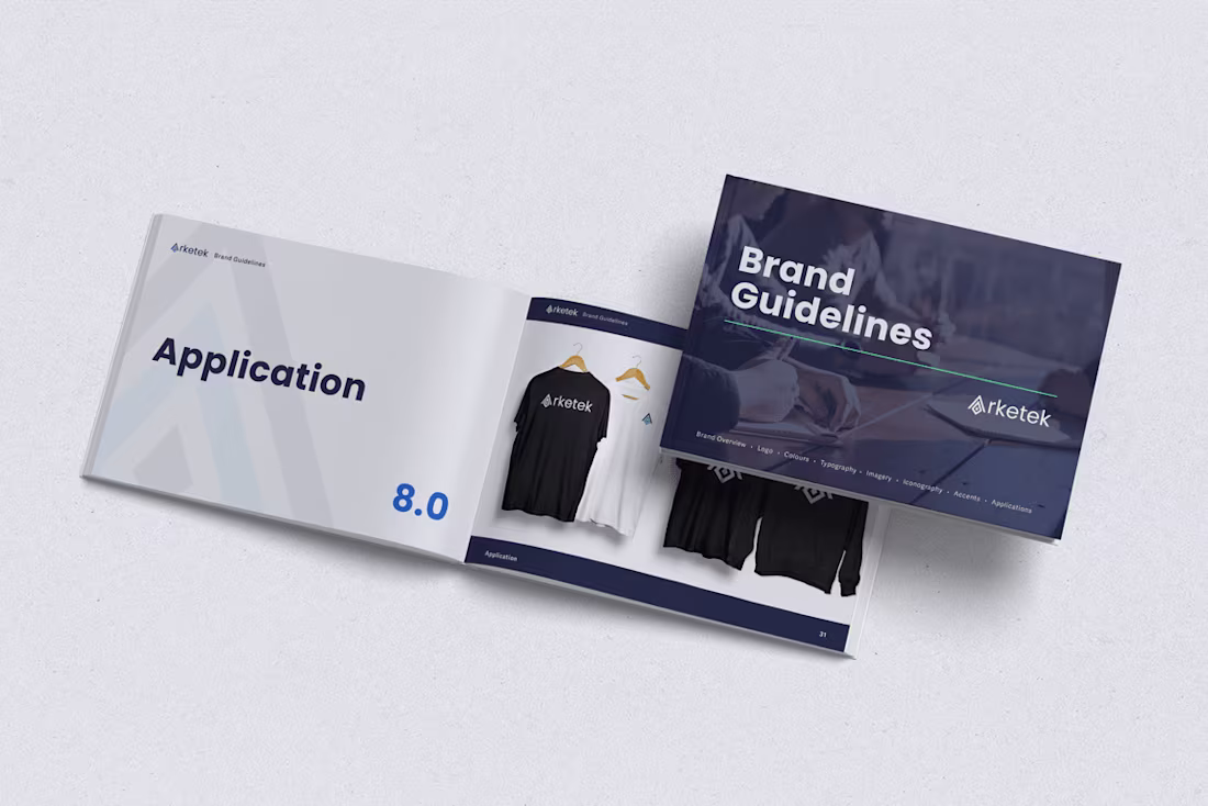 Cover image for arketek - brand identity guidelines, tradeshow print.