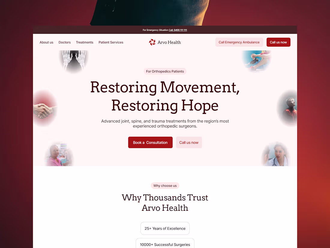 Cover image for Arvo Health - An Orthopedics Hospital Landing Page Design