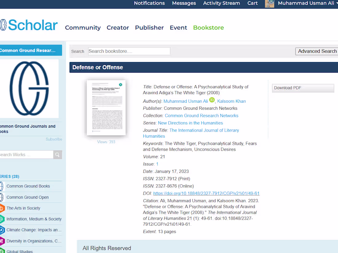 Cover image for Defense or Offense: Psychoanalytical Study of The White Tiger