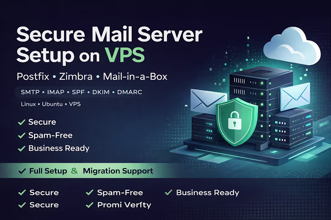 Cover image for Secure Mail Server Setup on VPS (Postfix, Zimbra, Mail-in-a-...