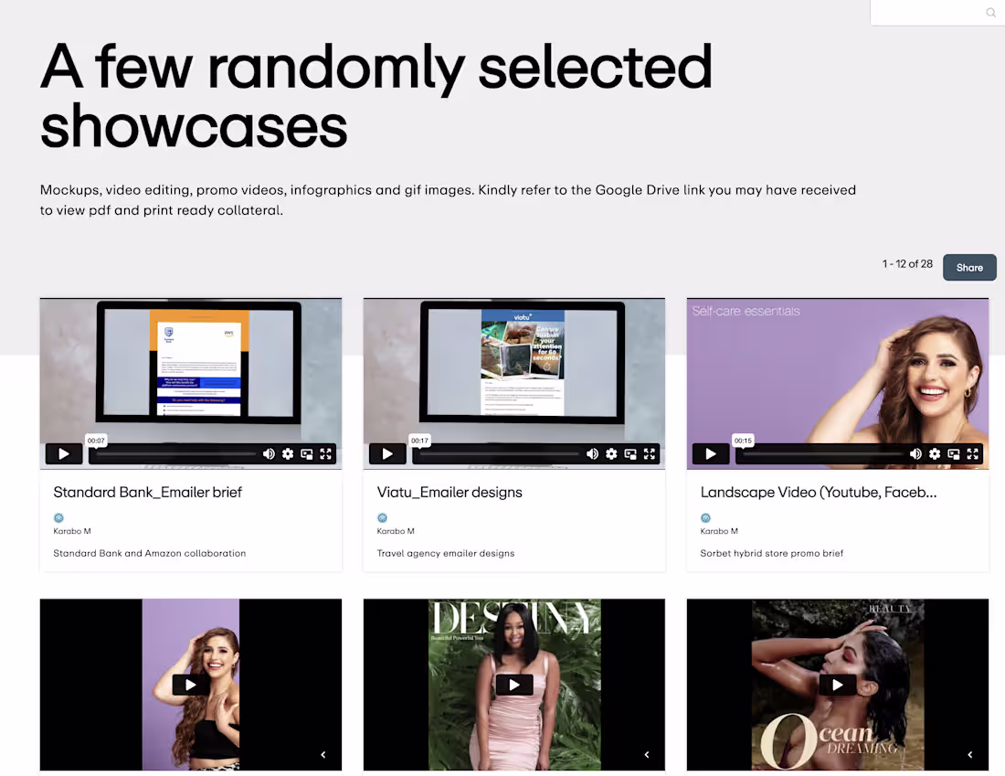 Cover image for Vimeo account with various showcases.
