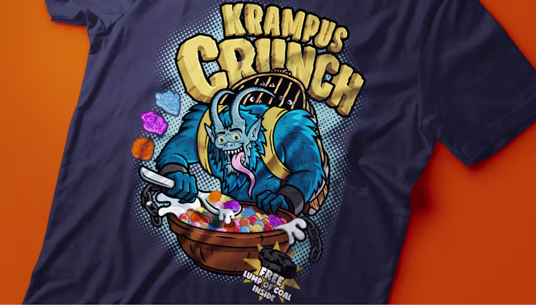 Cover image for Krampus Crunch parody cereal box art t-shirt artwork.