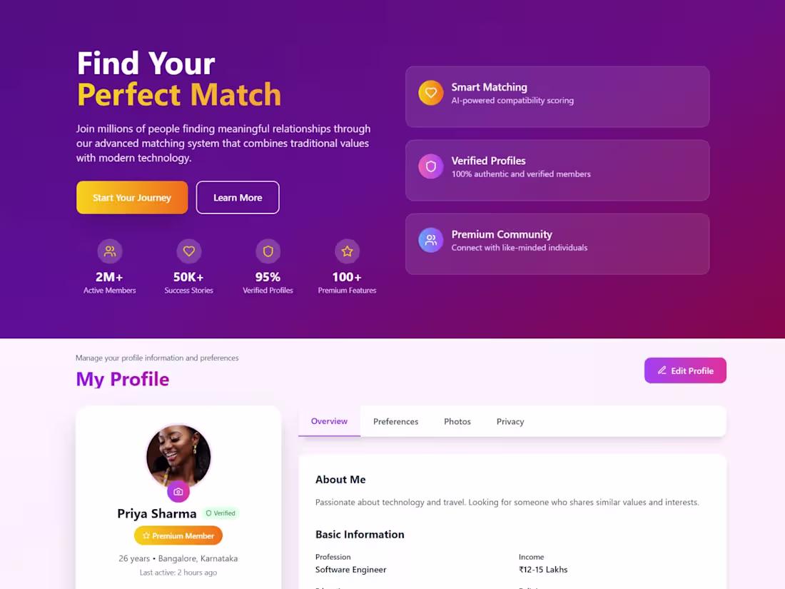 Cover image for Premium Matrimony Platform with Tinder Features