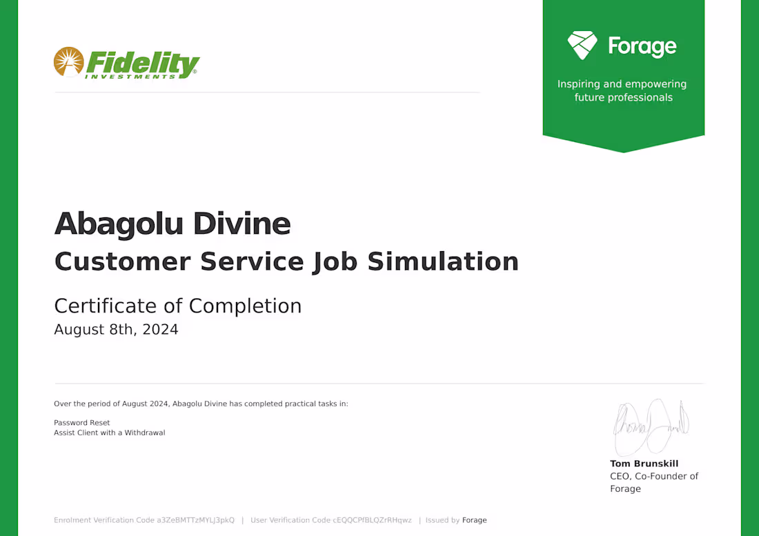 Cover image for Fidelity Investments - Customer Service Job Simulation