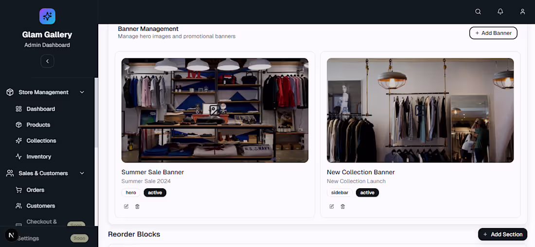 Cover image for Glam Gallery E-commerce Admin Dashboard Development