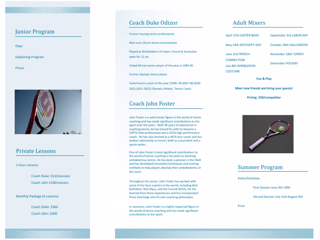 Cover image for Private Tennis Programming Brochure – Summer 2023