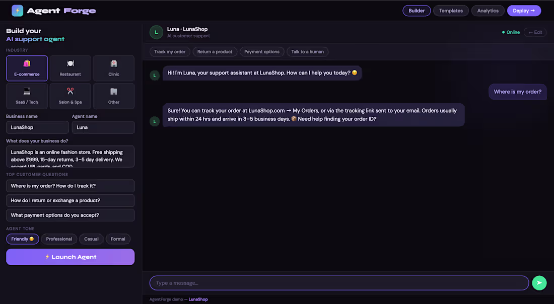 Cover image for AgentForge — AI-Powered Customer Support Agent