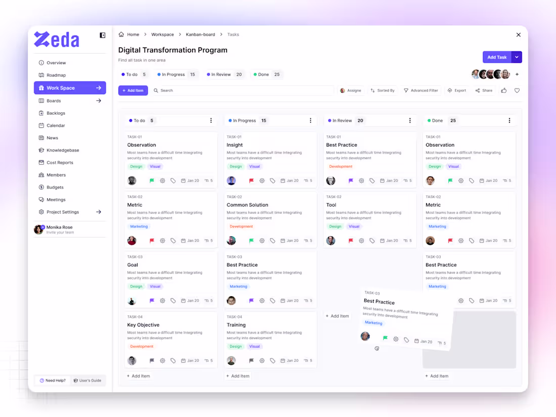 Cover image for ✦ Zeda — Kanban Board Screen Zeda is a SaaS productivity pla...