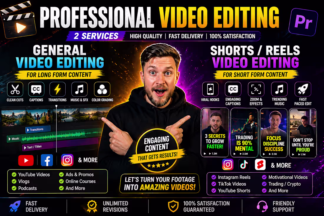 Cover image for Professional Video Editing for YouTube Videos, Shorts, Reels/ads