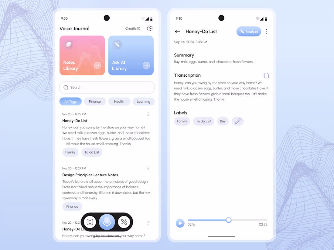 Cover image for UI/UX Mobile App Design for a  Notes AI App | Voice Journal App
