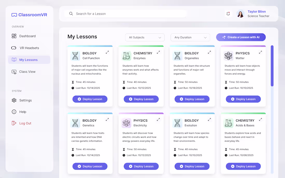 Cover image for Lesson library interface structured to