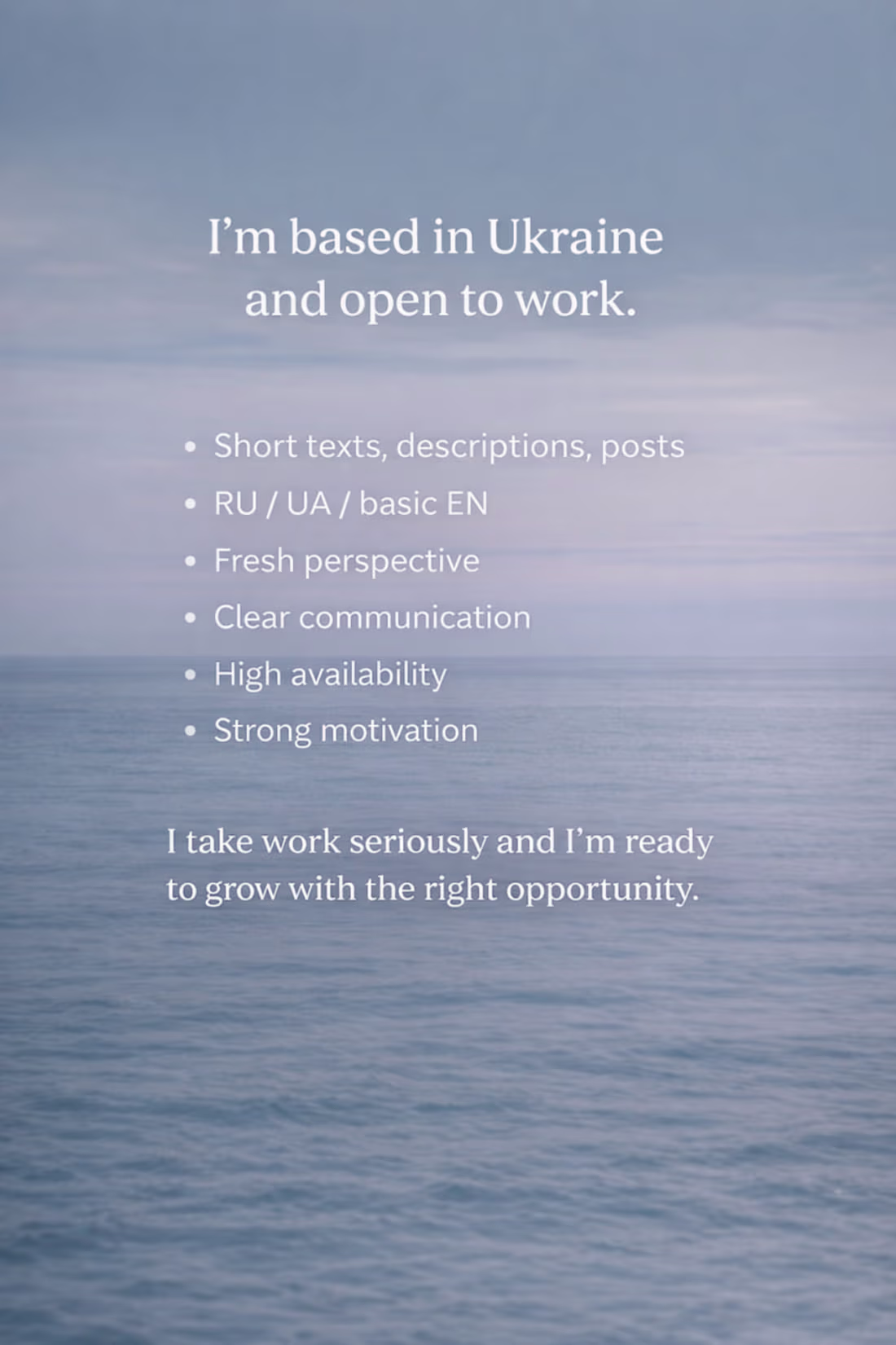 Cover image for :Open to messages and work