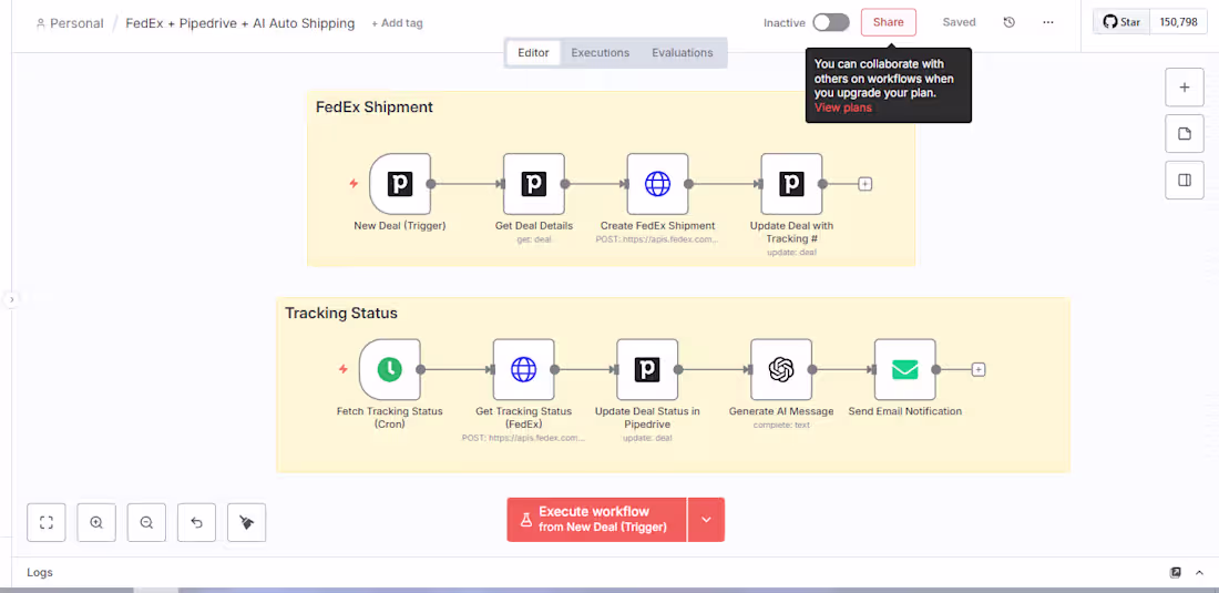 Cover image for FedEx + Pipedrive + AI Auto Shipping Automation This n8n aut...