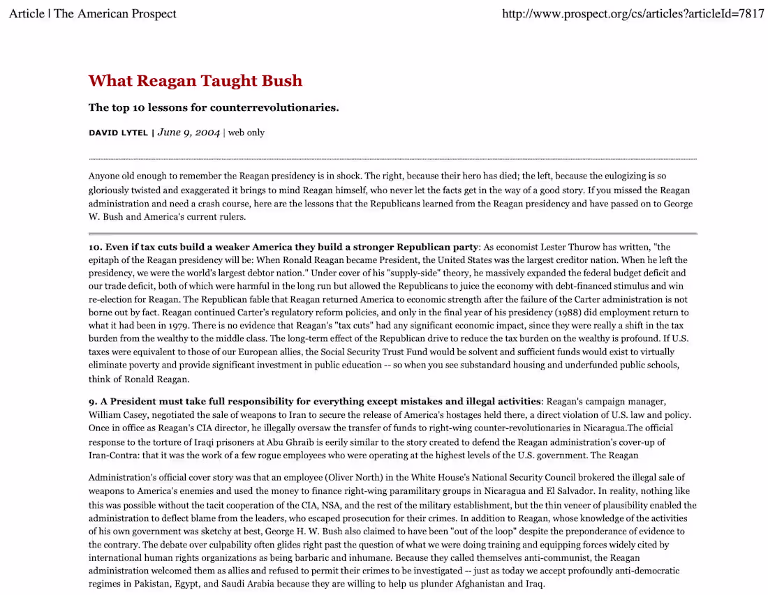 Cover image for American Prospect What Reagan Taught