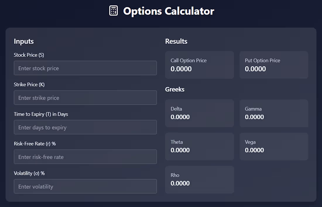 Cover image for Easy to use Options Calculator - Traders / Finance Professionals