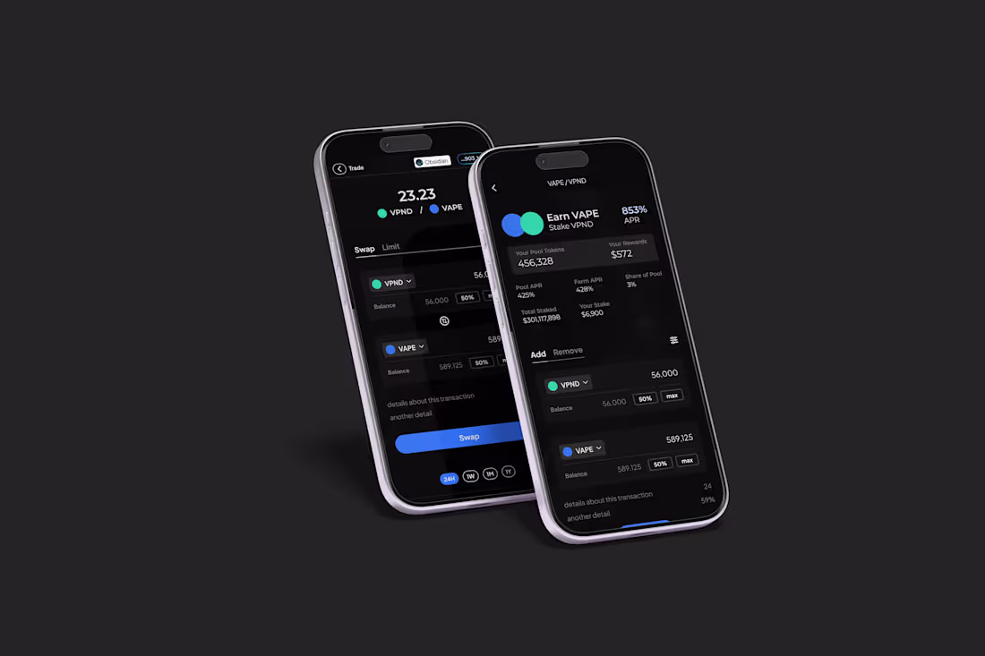 Cover image for Mobile app views of VaporDEX's swap interface (trading VPND/...
