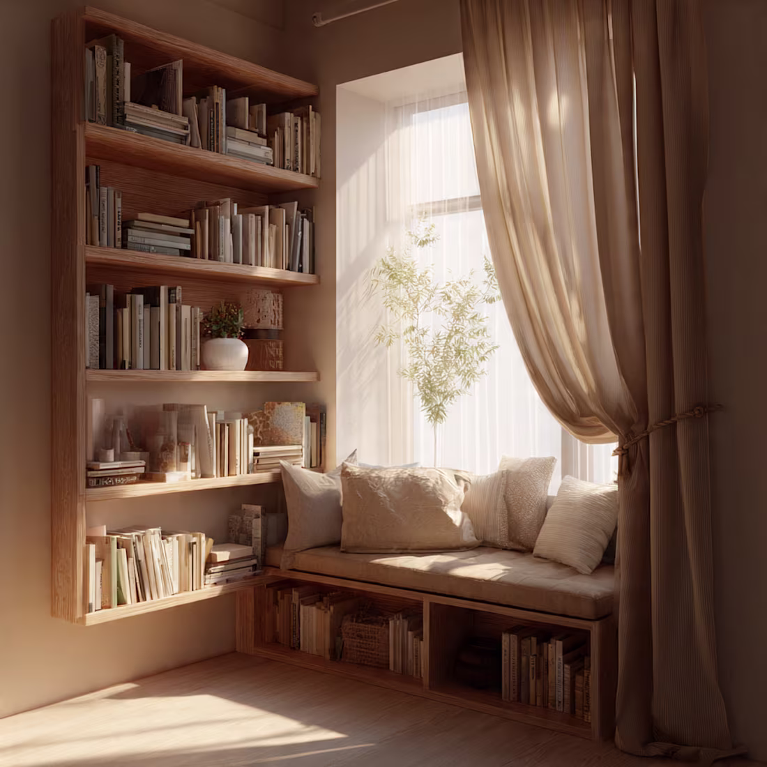 Cover image for Sunlit Library Corner
Floor-to-ceiling oak shelves