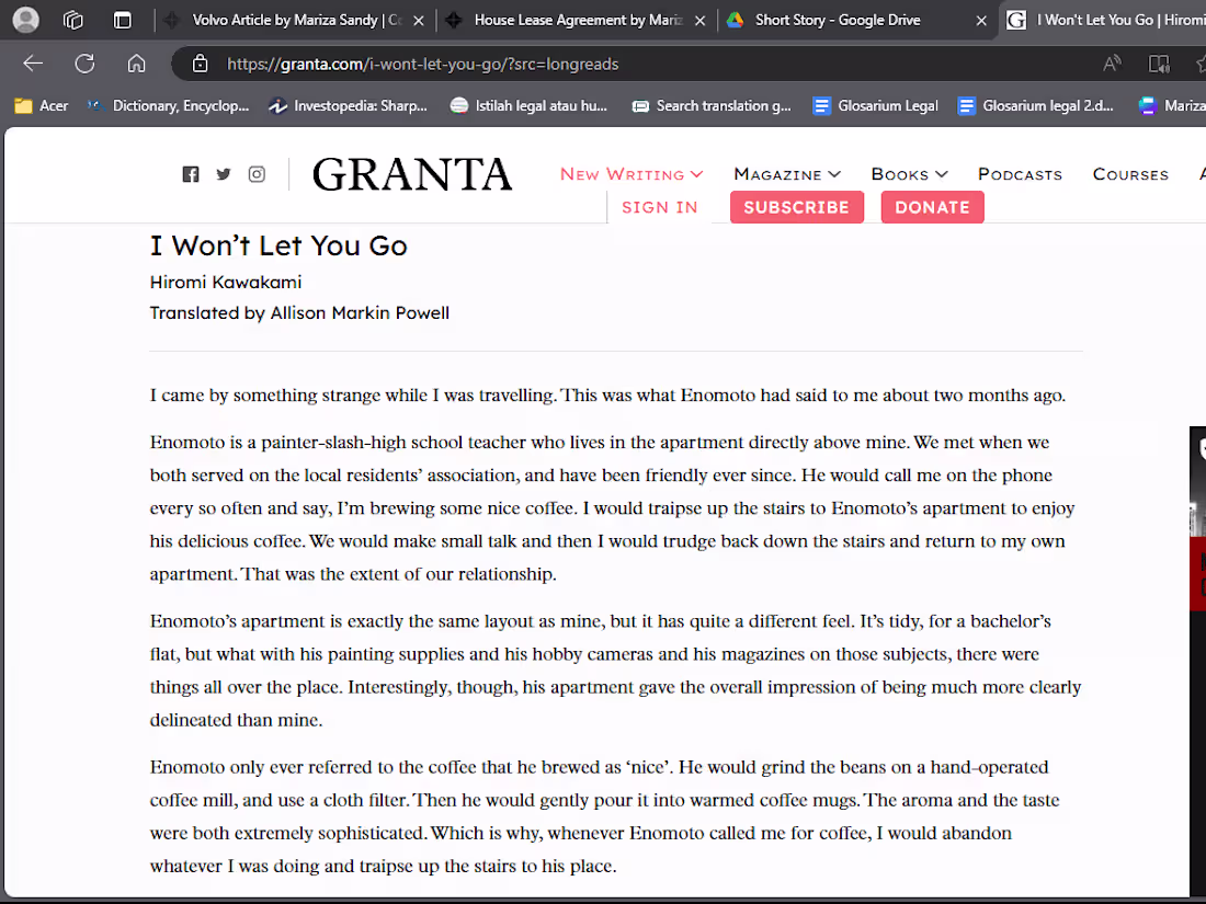 Cover image for Short Story: I Won't Let you go by Hiromi Kawakami